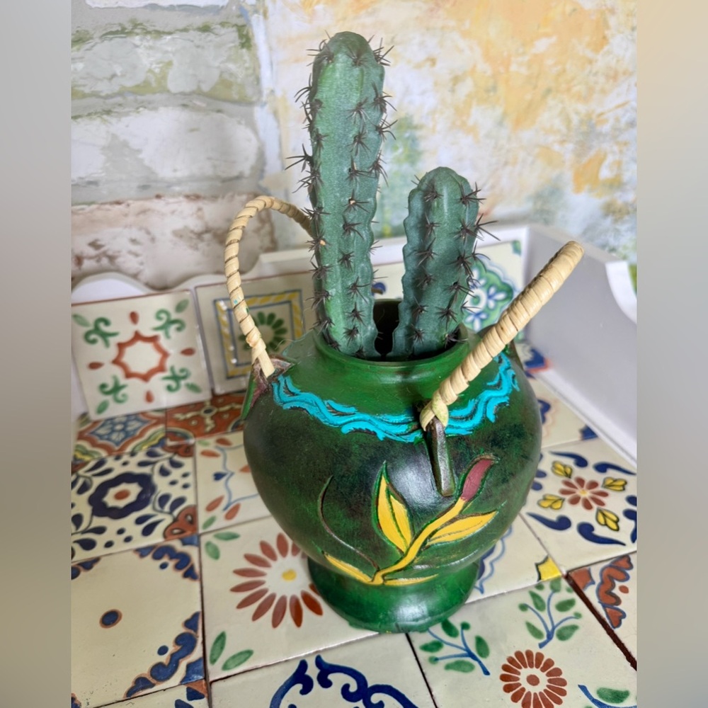 Vintage Green Talavera style wood hand carved basket Vase with Yellow Accents